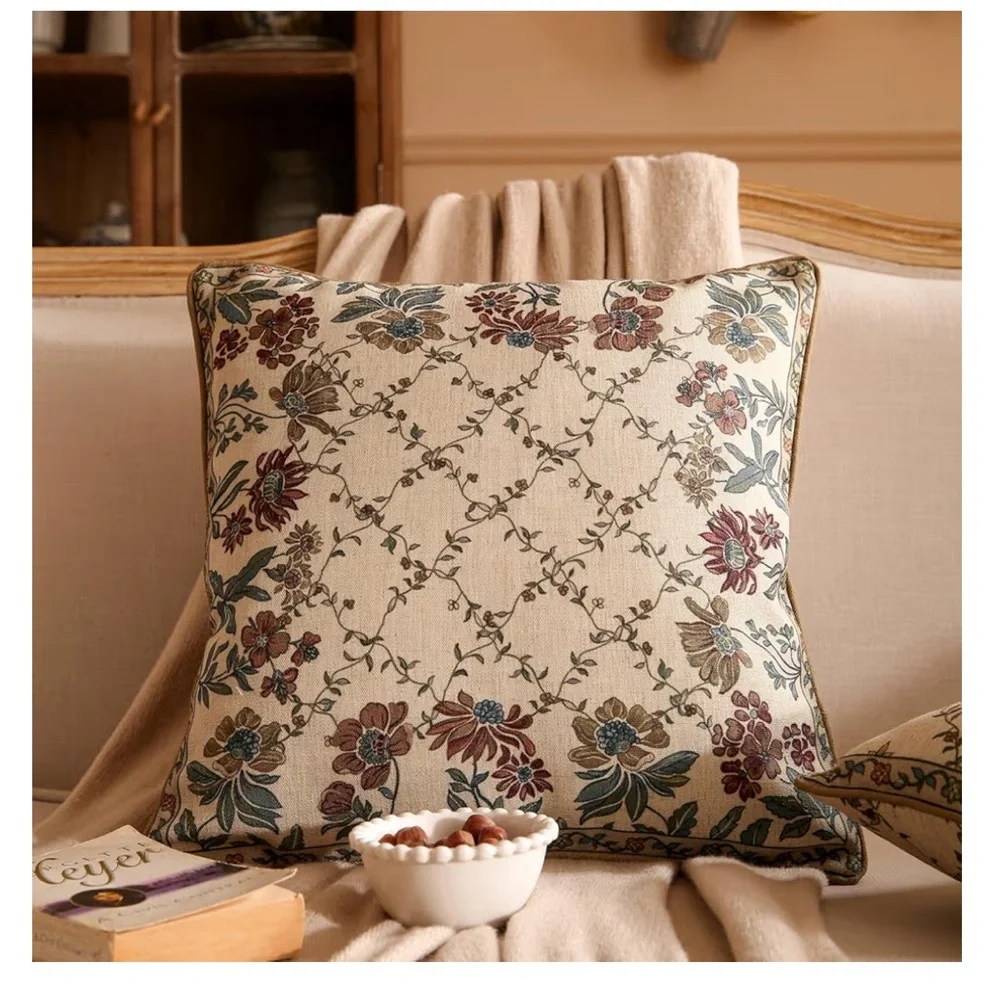 Decorative Vintage Floral Linen Pillow Cover Square 18x18” (1-count)